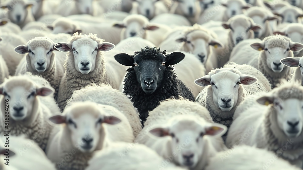A black sheep among a flock of white sheep A black sheep among a flock of white sheep