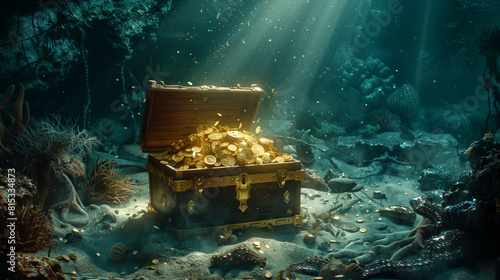 Underwater Treasure Chest Overflowing with Coins in Sunlit Ocean photo