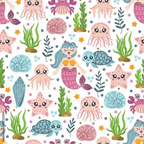 Sea animals seamless vector pattern. Ocean creatures - little mermaid, funny jellyfish, reef octopus, crab, turtle. Wild life on the seabed - starfish, corals, seaweed, shells. Hand drawn background