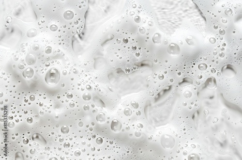 Soap foam with bubbles and water drops on a white surface. Soap foam with bright bubbles and a touch of freshness and dynamism on a white background.