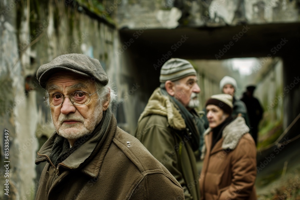 Portrait of an old man in the street with his friends. Portrait of an old man in the street with his friends.