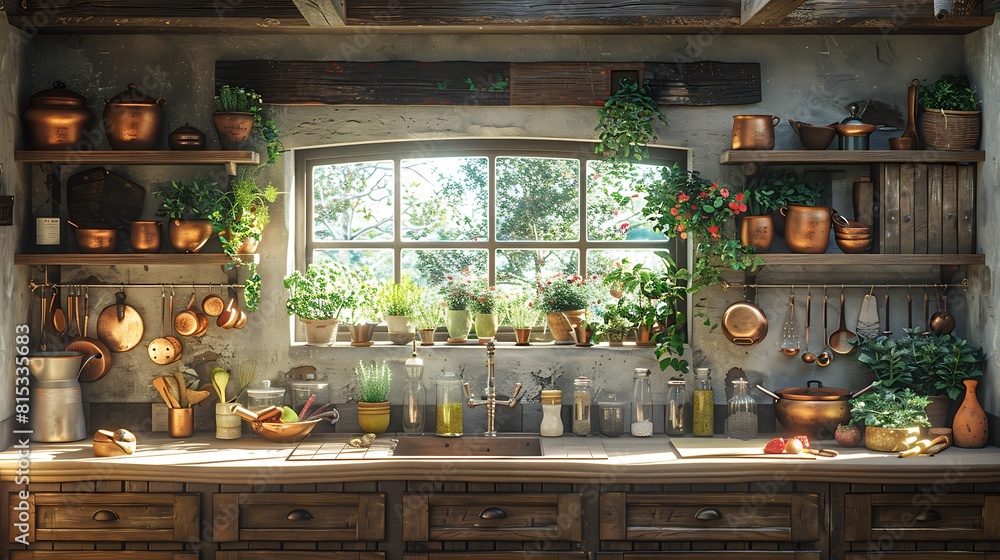 A detailed scene showing the cozy corner of a traditional oak kitchen with a small window, terracotta pots, and copper utensils hanging against oak cabinets. A detailed scene showing the cozy corner of a traditional oak kitchen with a small window, terracotta pots, and copper utensils hanging against oak cabinets.