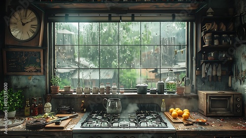 A detailed scene of a rustic farmhouse kitchen during a rainy day, with raindrops visible on the window and a steaming kettle on the stove. photo
