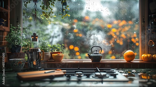 A detailed scene of a rustic farmhouse kitchen during a rainy day, with raindrops visible on the window and a steaming kettle on the stove. photo