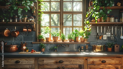 A detailed scene showing the cozy corner of a traditional oak kitchen with a small window, terracotta pots, and copper utensils hanging against oak cabinets. photo