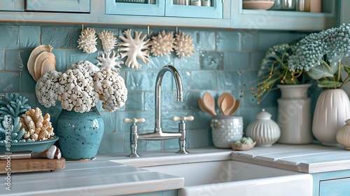 A detailed shot of a coastal kitchen sink area, with a light blue backsplash and white corals as decorative elements. photo