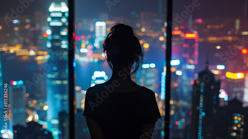 Woman Looking Out at Night Cityscape from High-Rise Building