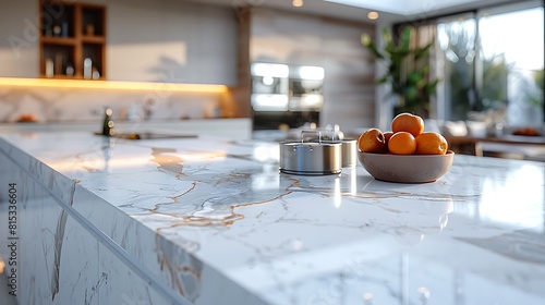 A detailed view of a kitchen’s white marble island under a skylight, showcasing the reflections and textures of the marble surface. © LuvTK