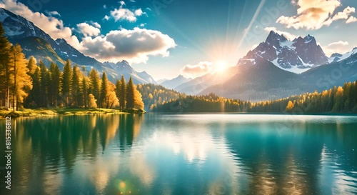 beautiful lake scenery with falling water and stunning mountain. Seamless looping 4k time-lapse virtual video animation background photo