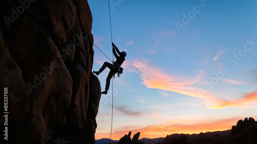 A female rock climber is rappelling down past an overhang, silhouetted by the evening light.