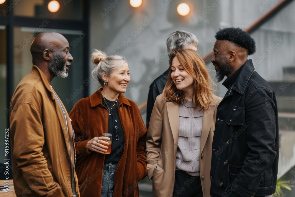 Group of multiethnic friends talking and smiling while walking in the city Group of multiethnic friends talking and smiling while walking in the city