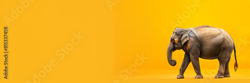 Elephant under the sun web banner. Elephant isolated on yellow background with copy space.