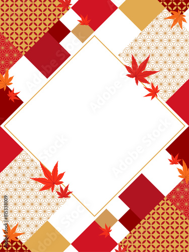 和文様×紅葉したモミジのフレーム素材（縦向き）