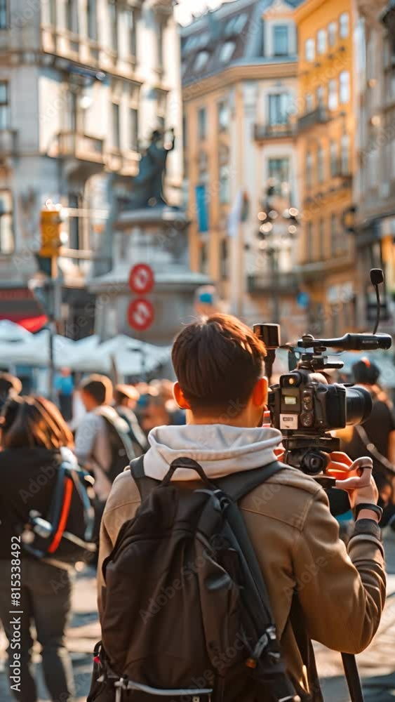 A man with a backpack is filming a crowd of people. The scene is bustling and lively, with many people walking around and carrying backpacks. The man with the camera is focused on capturing the moment A man with a backpack is filming a crowd of people. The scene is bustling and lively, with many people walking around and carrying backpacks. The man with the camera is focused on capturing the moment