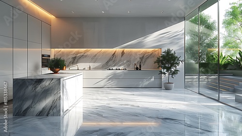 A hyperrealistic image of a minimalist kitchen corner  focusing on the interplay between the white cabinets  marble backsplash  and stainless steel accents.
