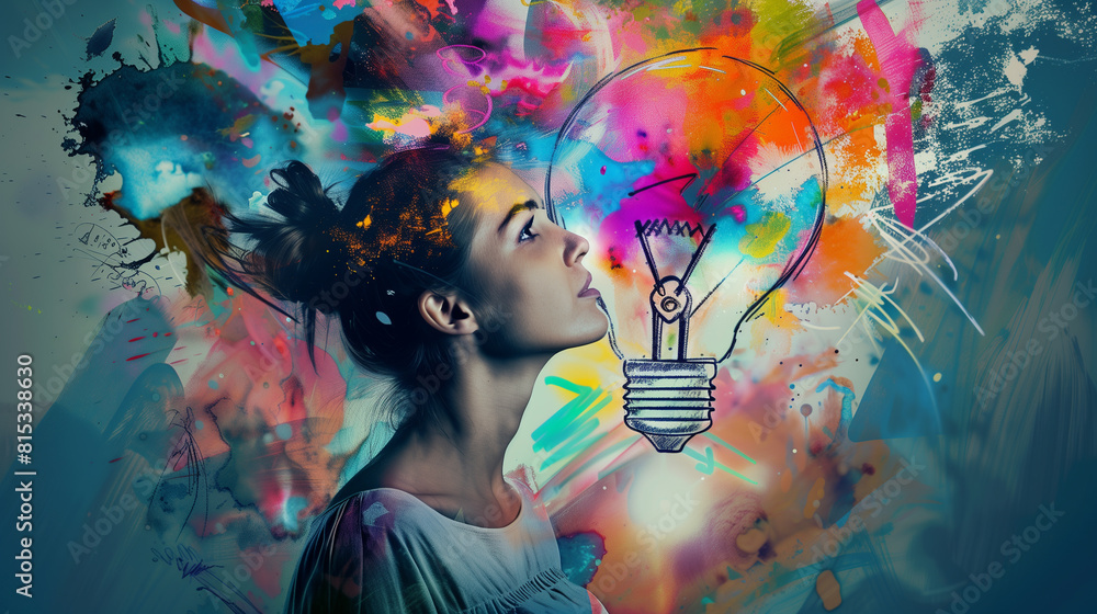 Woman with Colorful Paint and Light Bulb Idea Concept Woman with Colorful Paint and Light Bulb Idea Concept