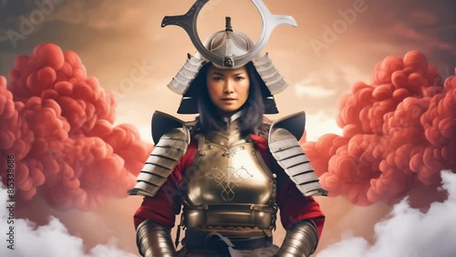 A powerful samurai stands in traditional armor, set against a dramatic cloudy background. The intricate details of the armor and the samurai's imposing stance create a sense of strength and honor.  photo