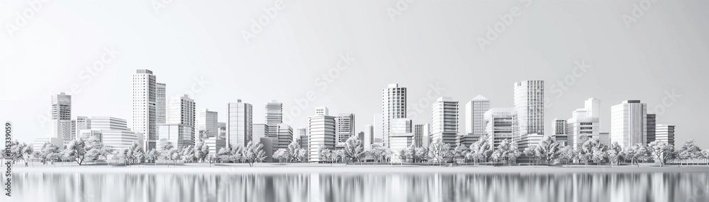 Economy of scale in construction flat design front view urban development theme 3D render black and white