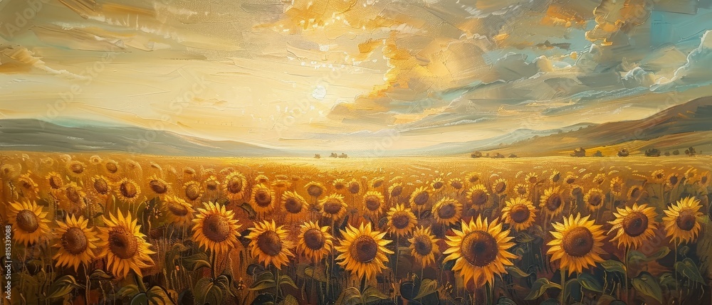 Obraz premium A field of sunflowers stretching to the horizon, with a vibrant sunset sky above.