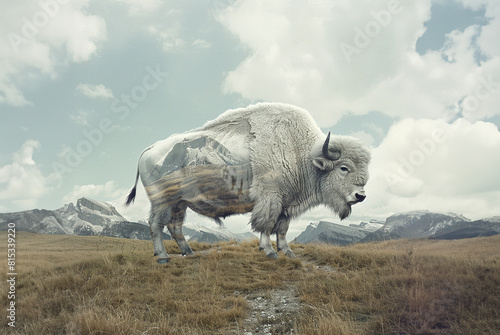 Double exposure created from a mountain landscape on the side of a white buffalo standing near mountains. photo