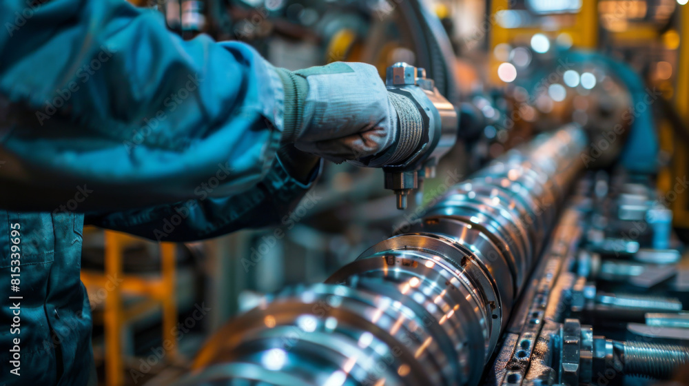 Close-up of a worker's hands adjusting a machine part in a busy industrial factory setting. Close-up of a worker's hands adjusting a machine part in a busy industrial factory setting.