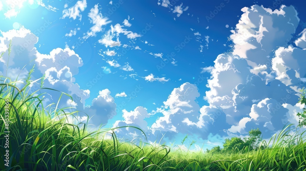 In the refreshing summer morning a vivid blue sky fluffy white clouds and a gentle breeze create a delightful atmosphere