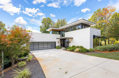 cozy single-story home with driveway in West Virginia, simple modern design with white walls and a beige shingle roof, stone chimney, large front yard with low hedges, blue sky photo