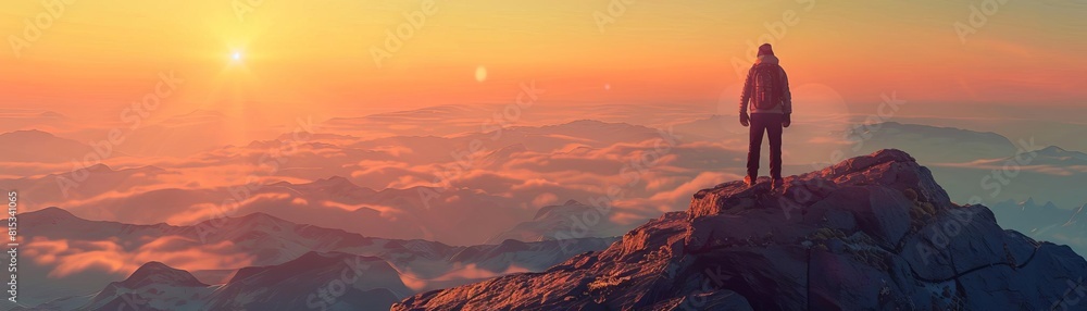 Naklejka premium Camping on a mountain flat design top view sunrise view theme 3D render Analogous Color Scheme