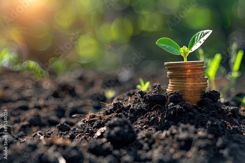 Wallpaper Mural Conceptual image of a young green plant sprouting from a stack of coins in fertile soil, symbolizing investment and growth. Torontodigital.ca
