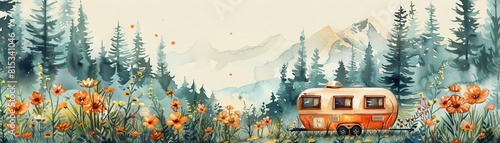 Wallpaper Mural Camping in a meadow flat design side view wildflower blooms theme water color Colored pastel Torontodigital.ca
