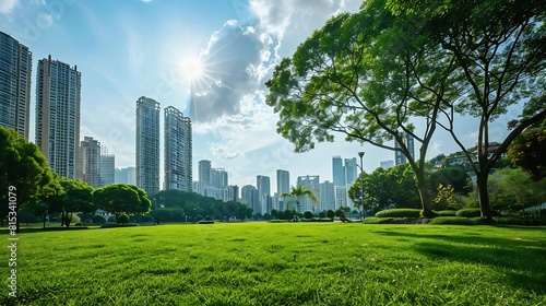 Public park and highrise buildings cityscape in metropolis city center  Green environment city and downtown business district in panoramic view : Generative AI photo