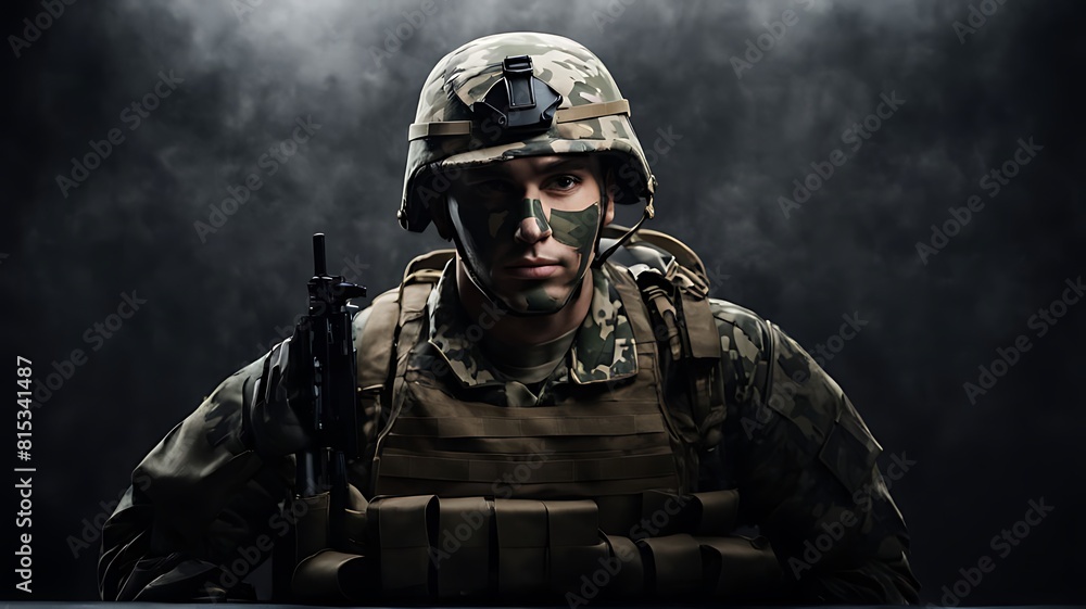 Front view of soldier wearing camouflage equipment and fighting during war, Memorial Day concept Front view of soldier wearing camouflage equipment and fighting during war, Memorial Day concept