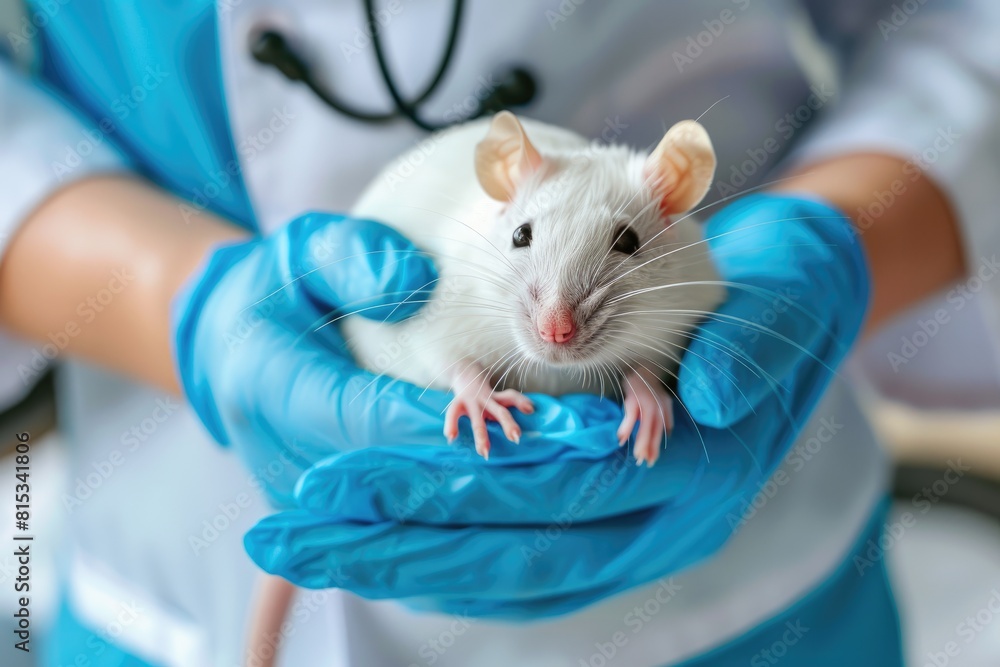 Veterinarian Examining a White Rat in Clinic Veterinarian Examining a White Rat in Clinic