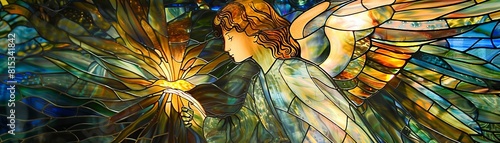An intricate stained glass panel featuring an angel guiding lost souls bathed in ethereal light photo