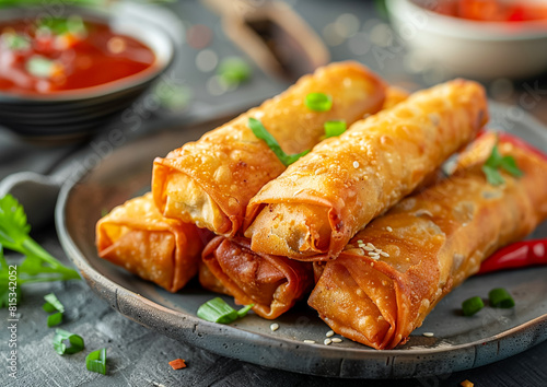 Fried spring rolls serve on the plate.