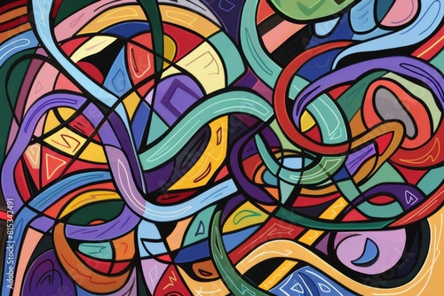 Cartoon cute doodles of intersecting curves and angles creating dynamic movement in an abstract artwork, Generative AI