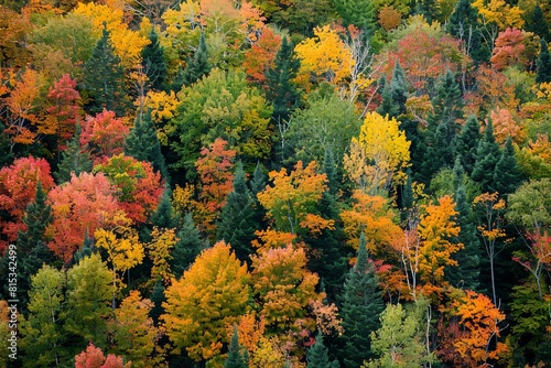 Aerial view of a dense forest in fall