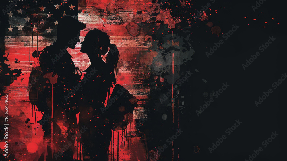 Fototapeta premium Man in american military uniform; with his wife in civil dress; cuddling; silhouette style;generative ai
