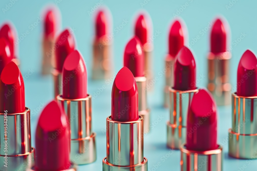 A row of red lipstick with a gold colored base A row of red lipstick with a gold colored base