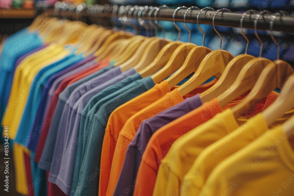 A rack of clothes with many different colors hanging on it, clothing retail store A rack of clothes with many different colors hanging on it, clothing retail store