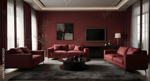 Luxury maroon interior living room with modern minimalist Italian style furniture.