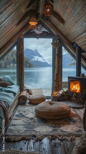 Glamping with fireplace, natural luxury hotel interior, bed with mountain view, resort with lake view, glamping，Natural Hotel Interiors, Mountain Vistas, and Lakeside Resorts for Relaxing Getaways