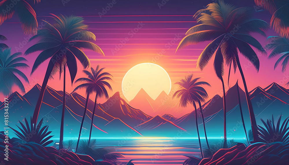 Tropical illustration with palm trees and mountains and lake with sunset. Tropical illustration with palm trees and mountains and lake with sunset.
