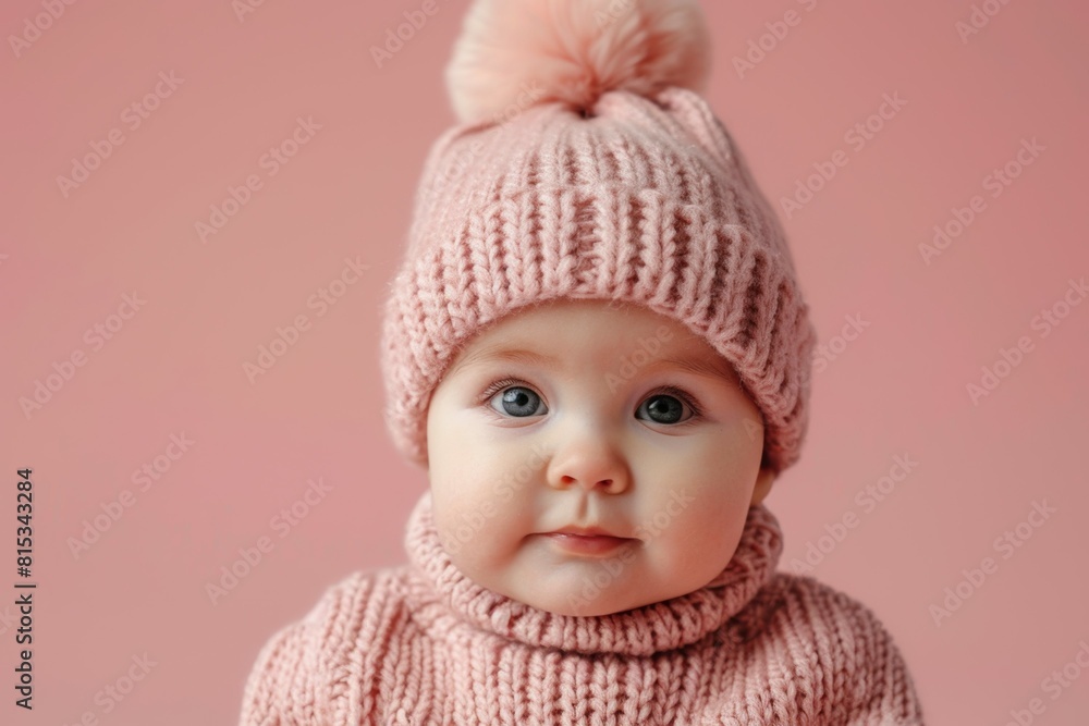 A baby wearing pink hat and a pink sweater is smiling A baby wearing pink hat and a pink sweater is smiling