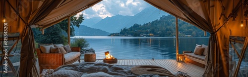 Glamping with fireplace, natural luxury hotel interior, bed with mountain view, resort with lake view, glamping，Natural Hotel Interiors, Mountain Vistas, and Lakeside Resorts for Relaxing Getaways