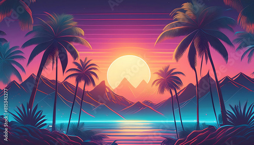 Tropical illustration with palm trees and mountains and lake with sunset.