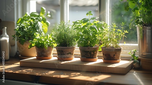 A serene kitchen setting with a DIY herb garden made from upcycled containers on a windowsill, catching the morning sunlight.