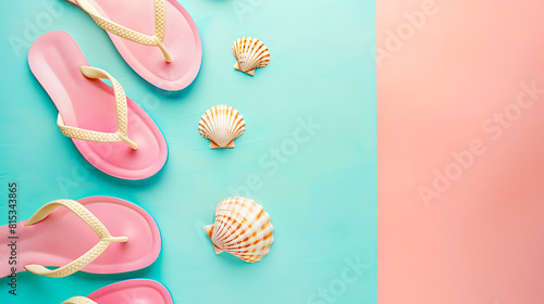 A pink and blue background with flip flops and shells.
