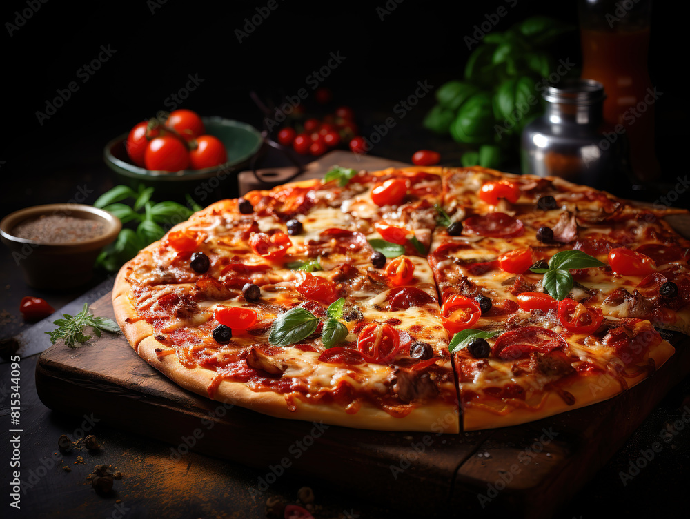 Mouth-watering neapolitan pizza on a blackboard with various ingredients, free space for text