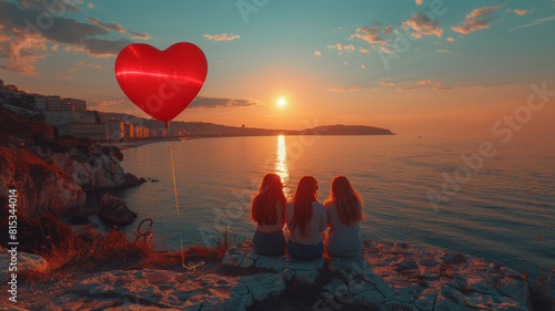group of sitted adult girls turned back, heart shaped balloon,generative ai photo
